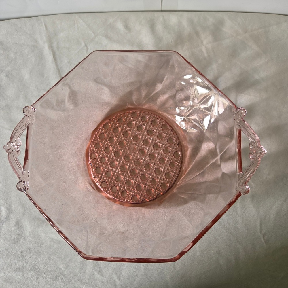 Vintage Pink Depression Glass Octagon Bowl Scrolled Handles Diamond Cane Pattern